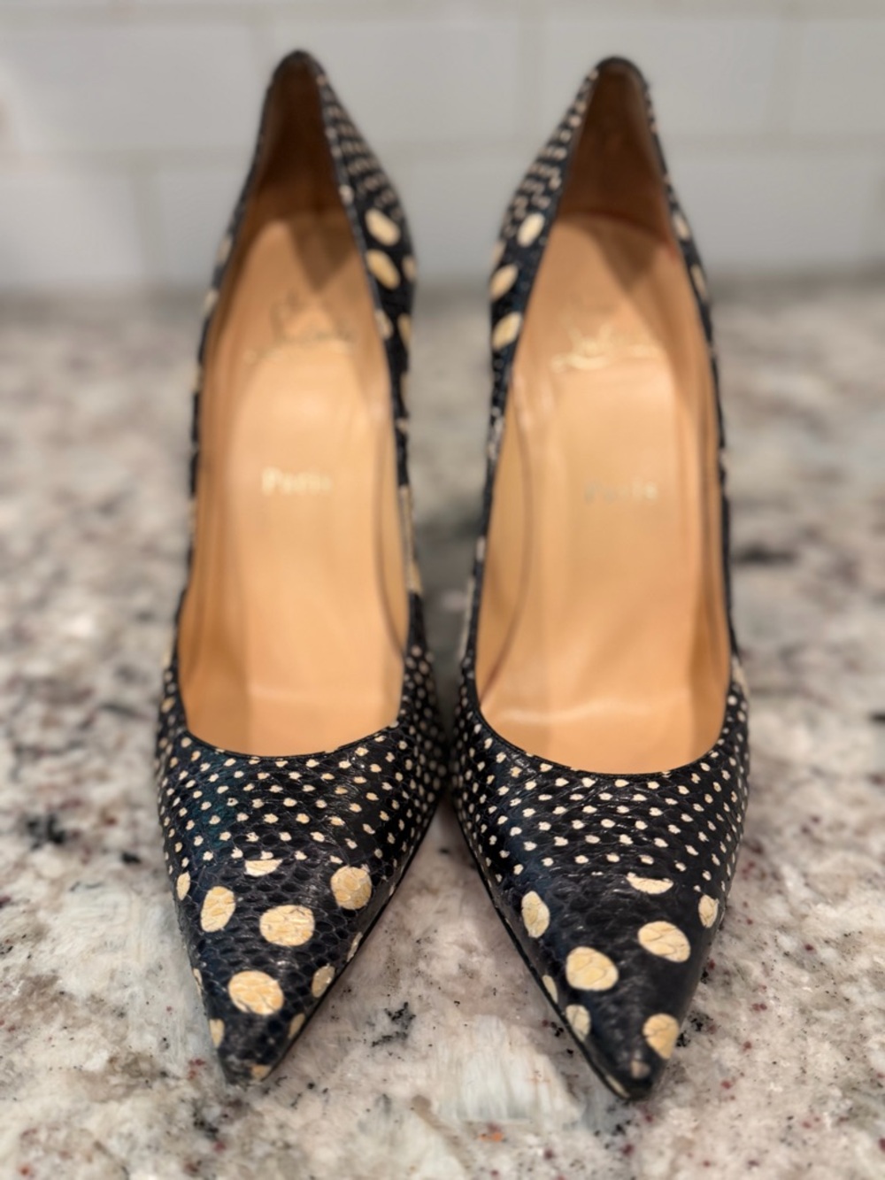 Christian Louboutin Black Pumps with Cream Polka Dots